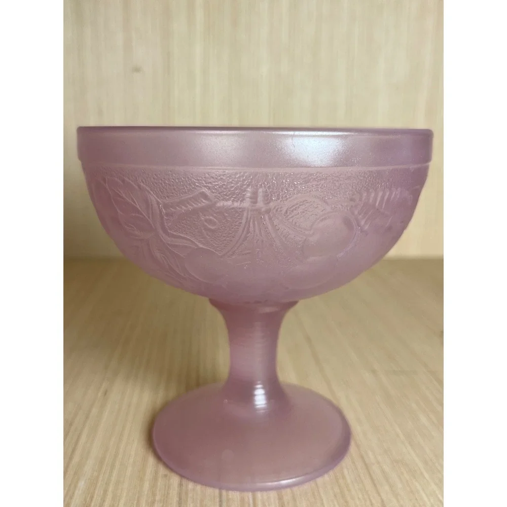 Vintage Luminarc France Frosted Pink Glass Fruit Embossed Dessert Sherbet Bowl